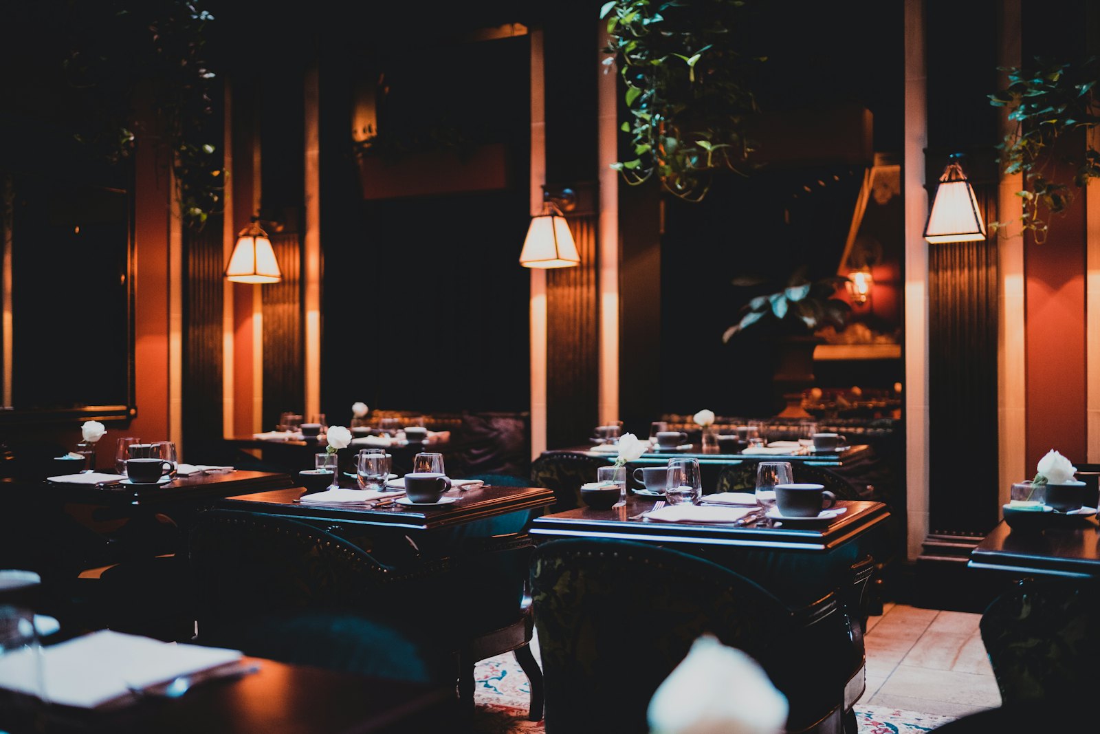 Salle de restaurant dressée, en soirée