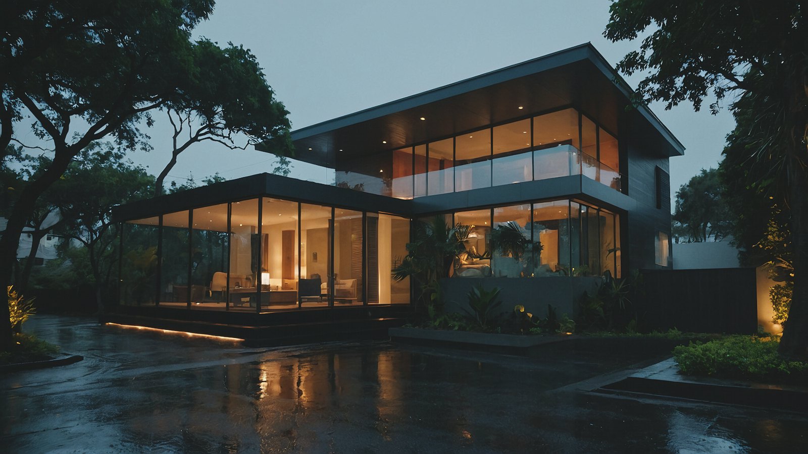 Villa contemporaine aux grandes baies vitrées, au crépuscule